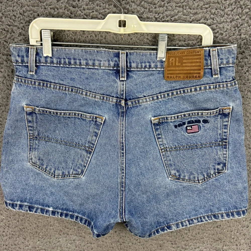 Vtg Polo Ralph Lauren Jean Shorts Womens 14 Banner Flag Embroidered Denim Y2K - Picture 2 of 8